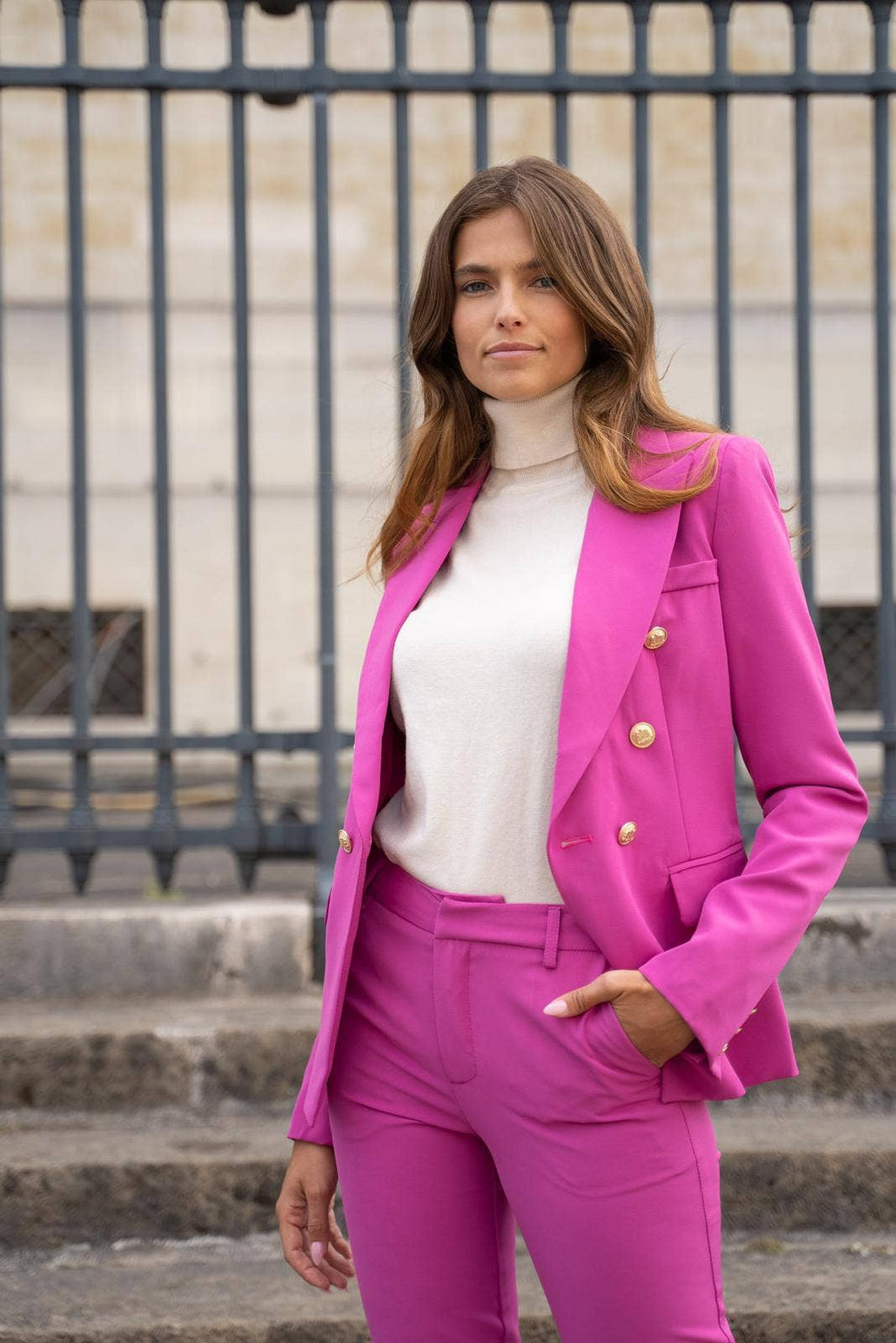 Double Breasted Fitted Blazer in Magenta