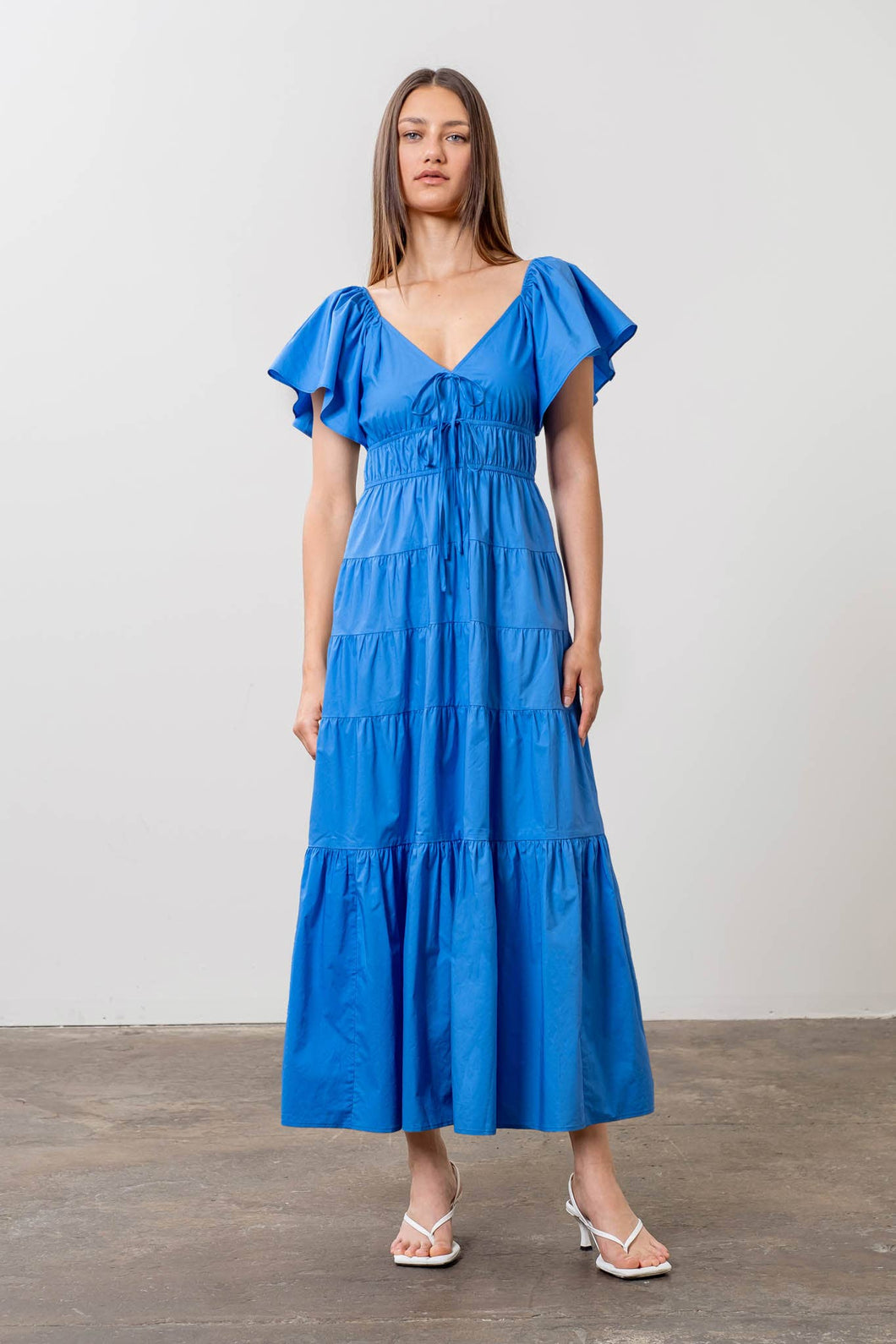 V-Neck Ruffle Midi Dress in Blue