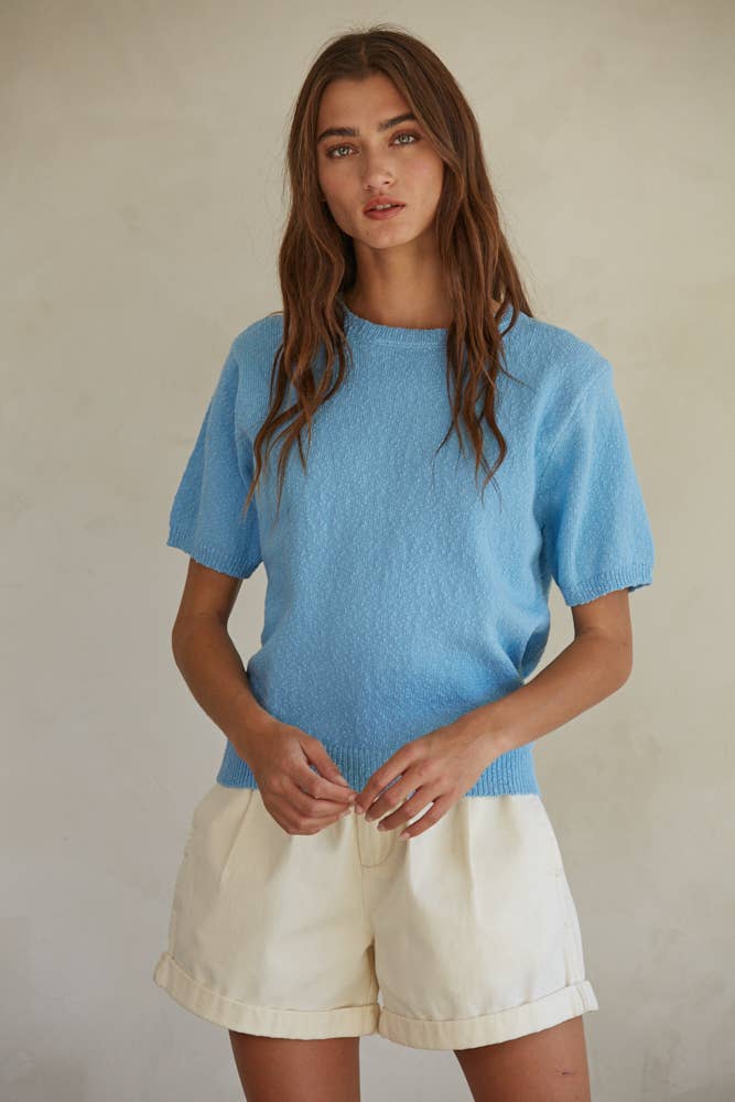 Sky Blue Knit Sweater Cotton Crew Neck Short Sleeve Top